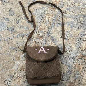 Thirty-One Brown Quilted Crossbody Bag with Pink Monogram